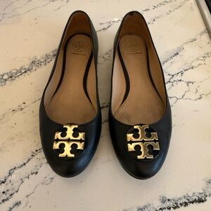 Tory Burch Black Flats with Gold Logo
